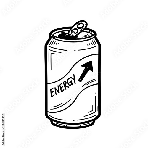 Black and white illustration of an open energy drink can with a pull tab.