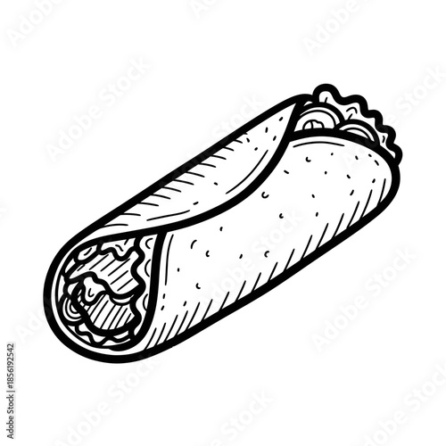 Hand drawn illustration of a burrito wrapped in a tortilla.
