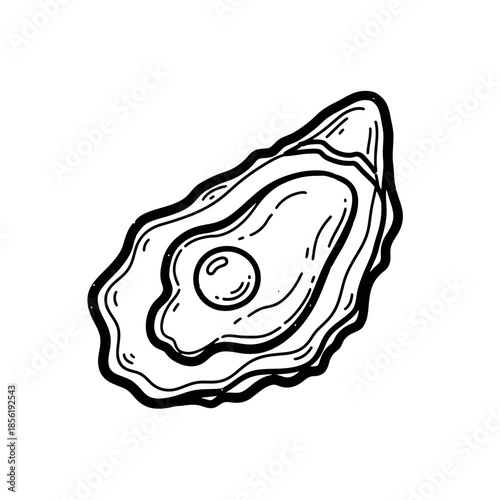 Simple black and white line drawing of an oyster shell with pearl inside.