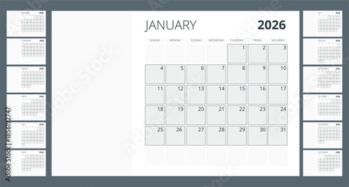 Calendar planner for 2026. 2026 calendar design, set of 12 months. Elegant yearly planner layout for business, corporate documents, reports and modern scheduling systems.