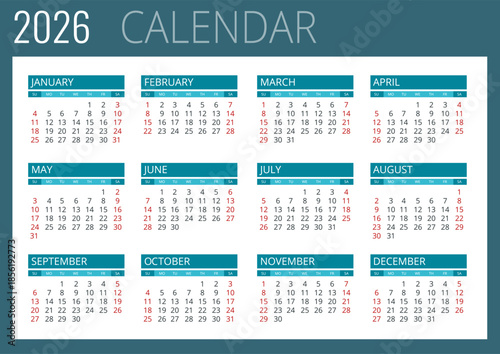 Calendar planner for 2026. 2026 calendar design, set of 12 months. Elegant yearly planner layout for business, corporate documents, reports and modern scheduling systems.