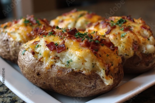 Delicious Twice Baked Potatoes Stuffed with Cheddar and Crispy Bacon Bits