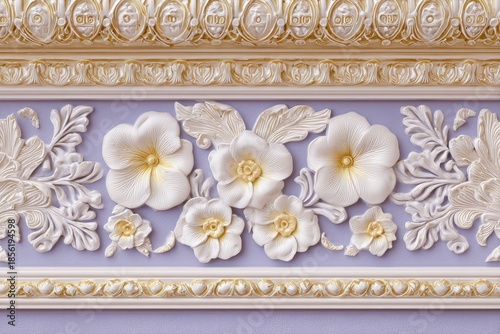 Elegant three dimensional floral relief molding decorates a pastel colored wall panel
