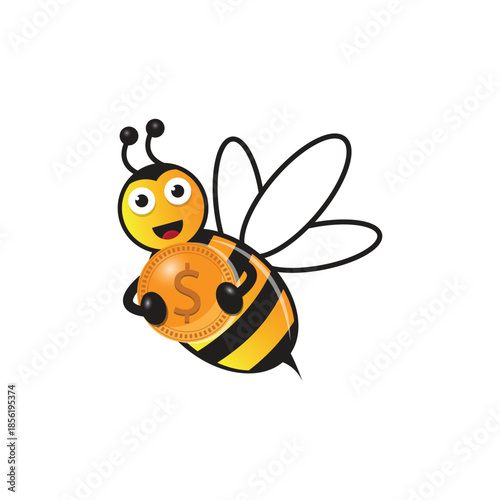 Flying bees bring dollar sign logo icon. Cartoon bee and money business concept in flat style.