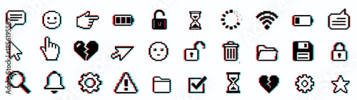 Pixel art and glitch style 32 grid close up vintage ui icon set showing cursor, magnifier, heart, battery, folder, trash in high contrast