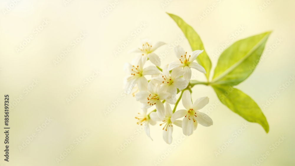 Obraz premium Delicate white star-shaped flowers bloom on a branch with green leaves against a soft yellow background