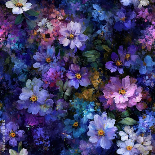Floral bloom pattern showing blue, purple, and white flowers with dark shades texture for wallpaper backgrounds.