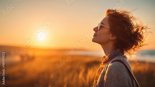 Contemplative Woman Embracing the Dawn's Light, Finding Joy and Gratitude in Nature's Embrace