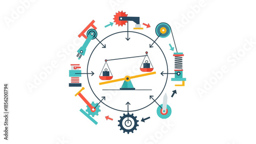 Mechanical components and a balance scale in a circular diagram.