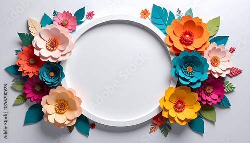 A round white frame surrounded by colorful paper flowers and leaves on a white background