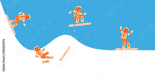 Vector cartoon illustration. Brown gingerbread man, hat jumps on snowboard over snow mountain and falls. Phases of snowboarder performs trick over hill. Concept of Christmas, athlete won, New Year