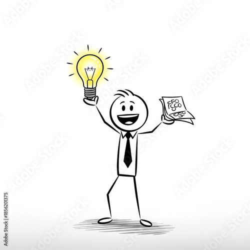 Cartoon Man Holding Lightbulb and Document.