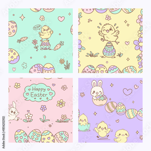 Cute Kawaii Easter Chicks and Bunnies Seamless Patterns Collection, Pastel Spring Surface Design Pack, A complete editable toolkit for designers featuring Easter eggs with chicks, bunnies, and florals