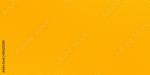 Yellow halftone pattern. Retro comic gradient background. Bright orange pixelated dotted texture overlay. Cartoon pop art faded gradient pattern. Vector backdrop for poster, banner, advertisement