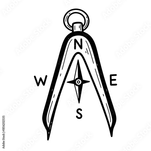Black and white illustration of a compass with cardinal directions.