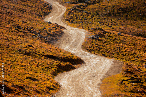 Obraz na plátně A winding macadam road through a hilly landscape in an autumn scene, in natural