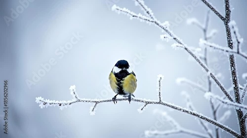 A colorful bird perched on a frosted branch in winter scenery.