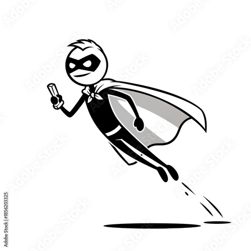 Cartoon Superhero Flying with Mobile Phone.