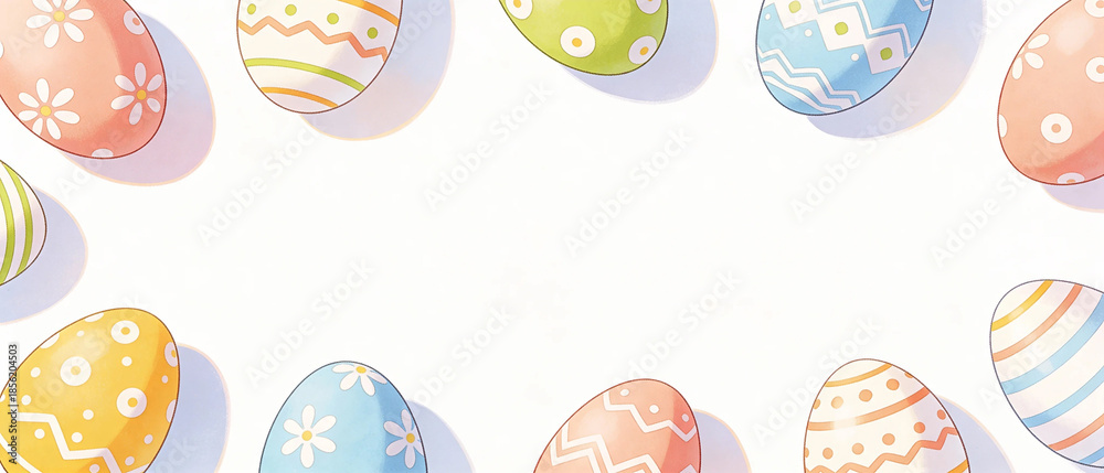 Fototapeta premium Spring Easter background with green leaves and small flowers framing the edges. Soft daylight creates a fresh natural mood with a clean empty center for copy space