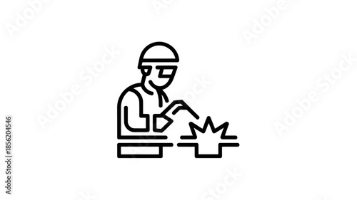 A minimalist black line icon depicts a welder at work wearing safety gear.