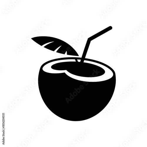 The image showcases a minimalistic silhouette of a coconut with a straw and a leaf.