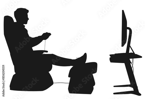Silhouette of a man sitting comfortably in a recliner while playing a video game.