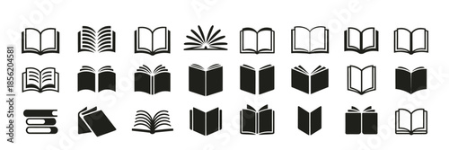Various stylized black and white icons of open books are arranged in rows