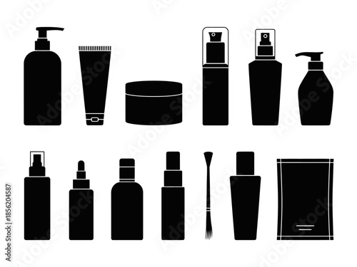 Various cosmetics containers, including bottles, tubes, and jars, are displayed in silhouette