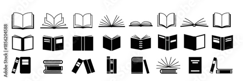 A series of black book icons is arranged in four rows . Each icon represents a different style of open or closed book.