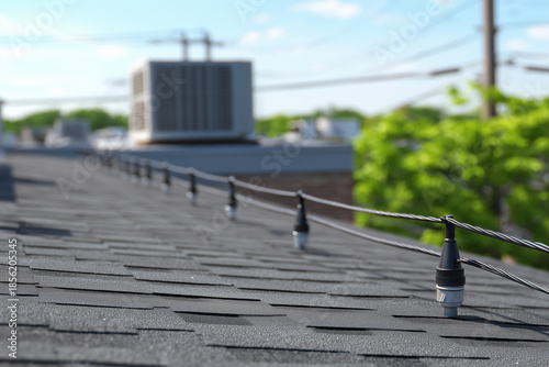Vista cercana de tejado con soportes cilíndricos negros que elevan cables eléctricos o de comunicación, junto a unidades HVAC y postes. Instalación técnica en entorno urbano con gestión eficiente.