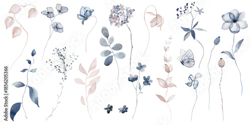Φωτογραφία Watercolor floral individual isolated elements set in vintage rustic style, blue