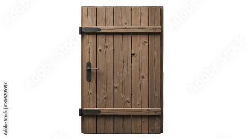 Old wooden door with metal hinges and latch isolated on transparent background