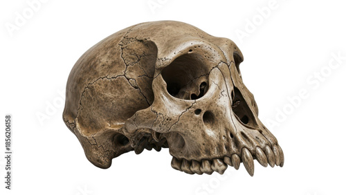 Ancient hominid skull fossilized with visible teeth isolated on transparent background