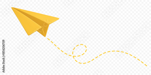 Yellow Paper Airplane Icon, Vector Illustration. Flying Paper Plane with Dotted Line Trail. Email, Message Symbol. 3d Yellow Paper Airplane, Isolated
