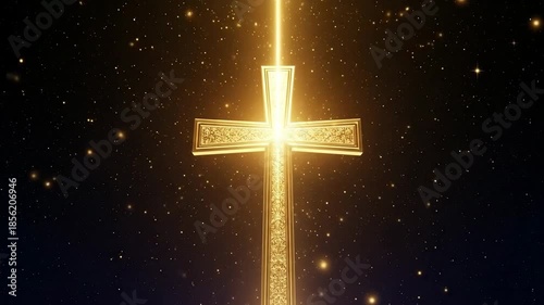 A luminous golden cross against a starry, glowing backdrop.