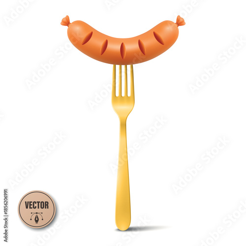 Vector 3d Sausage on Fork, Isolated. Grilled Sausage with Metal Fork. Hot Dog Sausage Food Icon for Menu, Cafe, BBQ, Street Food, Butcher Shop, Oktoberfest, Packaging, Label, Recipe, Cooking