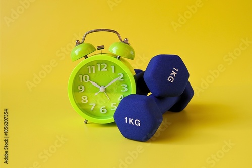 Tableau sur toile blue barbell and alarm clock on yellow background