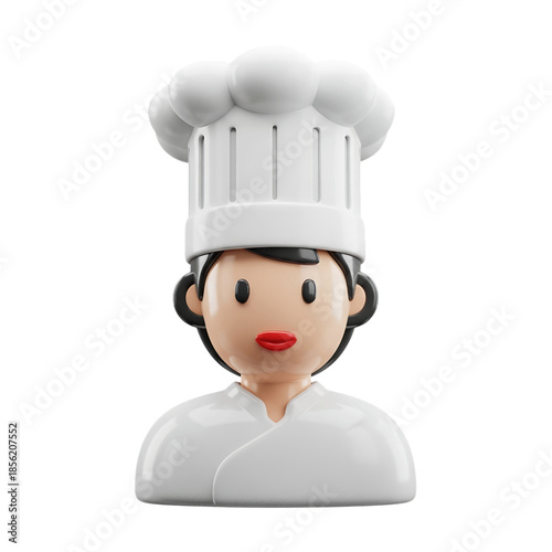 Cute 3D chef character avatar with a classic white toque and uniform, representing culinary professionals and cooking expertise, isolated on transparent background.