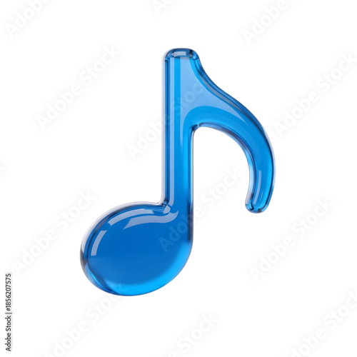 Glossy blue glass musical note, an eighth note symbol, rendered in 3D with a vibrant translucent effect, perfect for music-related designs, isolated on transparent background.