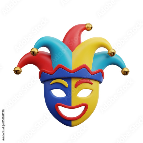 Colorful 3D jester mask with bells, featuring a playful blue, yellow, and red design, perfect for carnival and party themes, isolated on transparent background