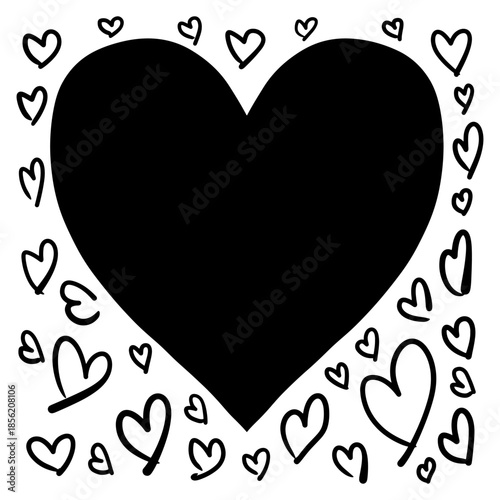 Hand drawn doodle of a large black heart surrounded by small hearts.