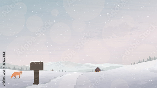 Lonely fox in minimalist countryside landscape covered by snow