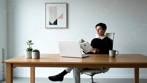 A professional reading at a minimalist office desk.