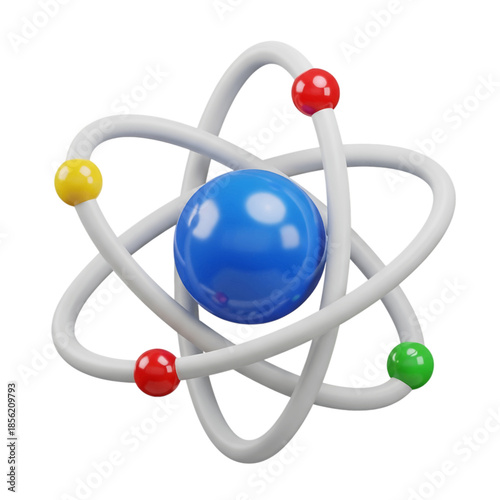 3D rendering of a vibrant atom model with a glossy blue nucleus and colorful electrons orbiting on white paths, isolated on transparent background.