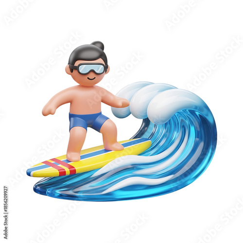Cute 3D character surfing on a vibrant blue wave with a yellow surfboard, wearing swim trunks and goggles, ready for summer fun, isolated on transparent background.