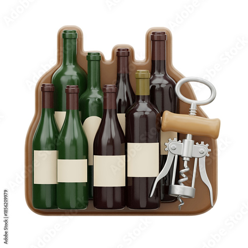 Assortment of red and green wine bottles in a wooden rack with a corkscrew, perfect for celebrations and wine tasting events, isolated on transparent background.