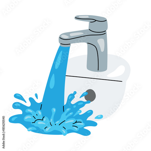 Vector illustration of a modern bathroom faucet with flowing and splashing water. Flat colorful symbol of water usage, conservation, plumbing, hygiene, and clean water concept.