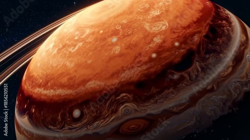An animated celestial body with swirling bands of orange and white; rings visible