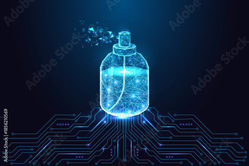 Digital perfume bottle on circuit board, beauty innovation and fragrance tech vector