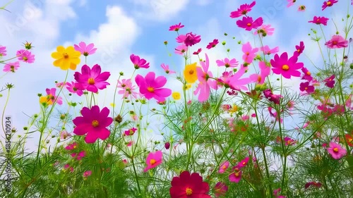 A field of colorful cosmos flowers in bloom against a bright blue sky